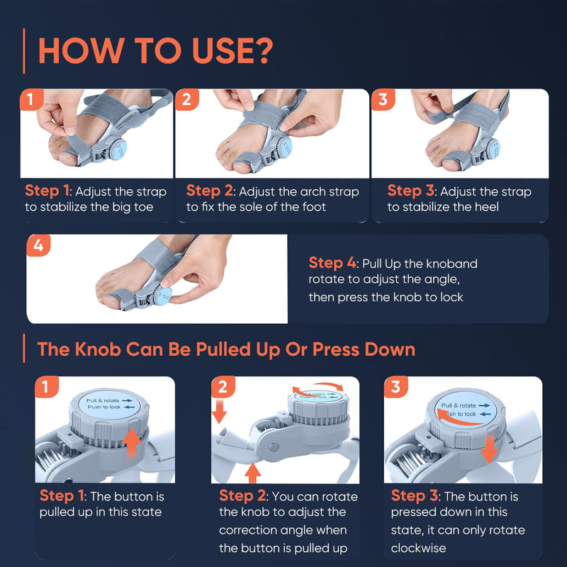 Bunion Corrector for Women & Men, Adjustable Knob Dual-Action Bunion Splint with Silicone Pad - Orthopedic Toe Straightener & Separator for Hallux Valgus Relief, Fits Left/Right Feet (Gray) Gray