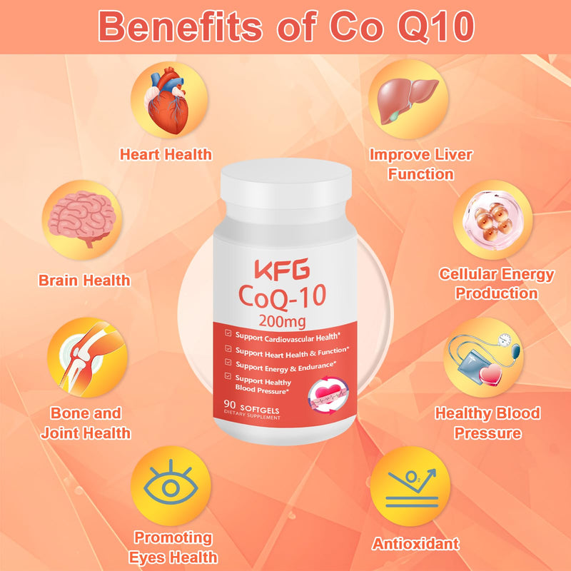 KFG CoQ10 200mg Softgels, Coenzyme Q10 Supplements Support Heart Health, Cardiovascular Health, Immune System & Cellular Energy Production, Gluten Free