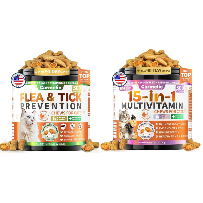 Cat Vitamins & Flea Prevention, Cat Multivitamin & Flea and Tick Support Treats with Taurine, Brewer’s Yeast & Omega-3 for Skin, Coat, Immunity & Daily Wellness, Chicken & Krill Flavor