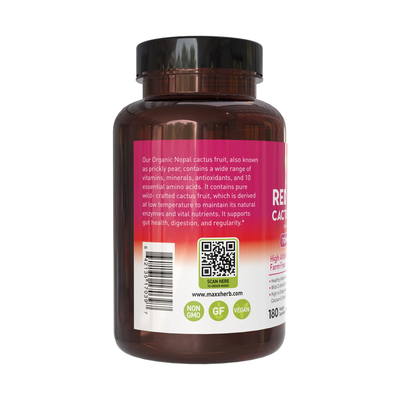 Red Nopal Cactus Capsules - Organic Prickly Pear Fiber, Vitamins, Antioxidant, Metabolic Support, No Added Sugar, Non-GMO, Gluten Free (180 Veggie Capsules)