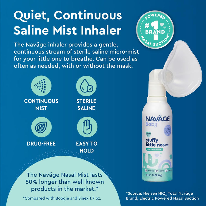 Navage Baby Micro-Mist Saline Inhaler - Saline Nasal Spray for Congestion Relief - Pediatrician Endorsed Baby Nasal Spray w/Mask & Quiet, Continuous Mist (2.8 oz)