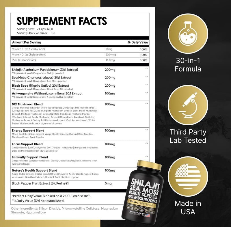 Power Blend Capsules - 30-in-1 Supplement Bundle with Shilajit 6000mg, Sea Moss 4000mg, Black Seed Oil 4000mg, Ashwagandha 2000mg, 10x Mushrooms, Tongkat Ali, Maca, Holistic Pills Combo