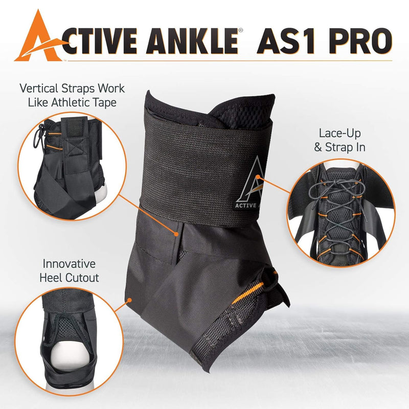 Active Ankle AS1 Pro Lace Up Ankle Brace, Ankle Support with Laces for Men & Women, Protection & Sprain Support for Volleyball, Rugby, Basketball, Low Profile, Black, Small
