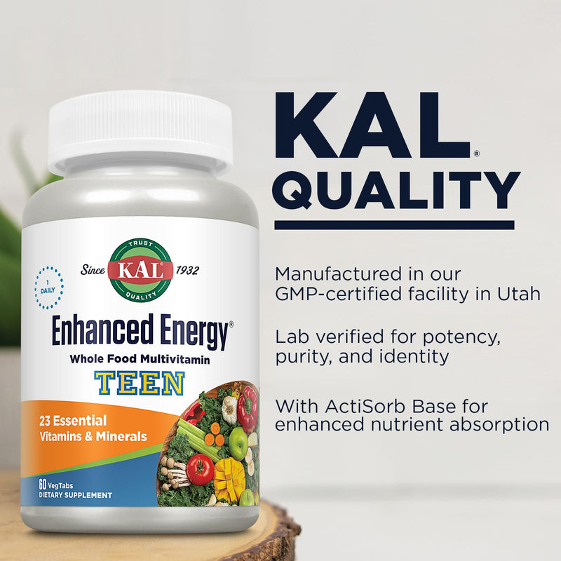 KAL Teens Enhanced Energy Supplements - Once Daily Whole Food Multivitamin w/Iron - 23 Vitamins and Minerals - Brain and Immune Support w/Super Foods - Vegetarian, 60-Day Guarantee, 60 Serv, 60 Tabs | Daily Supplement for Teens W/ 25 Essential Vitamins...