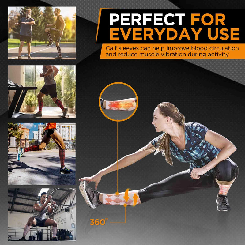 Doc Miller Calf Compression Sleeve for Women & Men, Footless 20-30mmHg Support for Shin Splints, Varicose Veins, Nurses, Running, Leg Pain Relief, Argyle Pattern, 1 Pair Medium Orange. White - BeesActive Australia