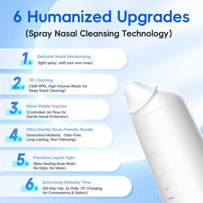 Neti Pot Sinus Rinse, Cordless Electric Nasal Irrigation System, Nose Cleaner,Nasal Rinse Bottle, Nasal Rinse Kit，3 Modes 2 Jet with 300ml, with 30 Wash Salt Packets for Adult & Kid