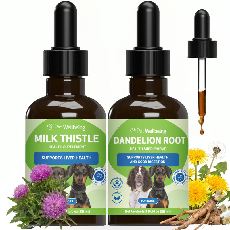 Pet Wellbeing Organic Milk Thistle & Organic Dandelion Root for Dogs - NASC Certified & Vet-Formulated Liver Support, Bile Flow, Digestive & Metabolic Wellness Bundle, Natural Bacon Flavor, 2 (2 oz)