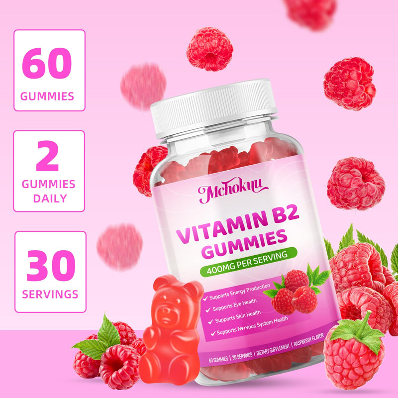 Vitamin B2 Gummies 400mg – Riboflavin Supplement with Magnesium for Kids & Adults | Supports Nervous System & Energy Production | Sugar Free, Vegan, Non-GMO, Raspberry Flavor - 60 Count 60 Count (Pack of 1)