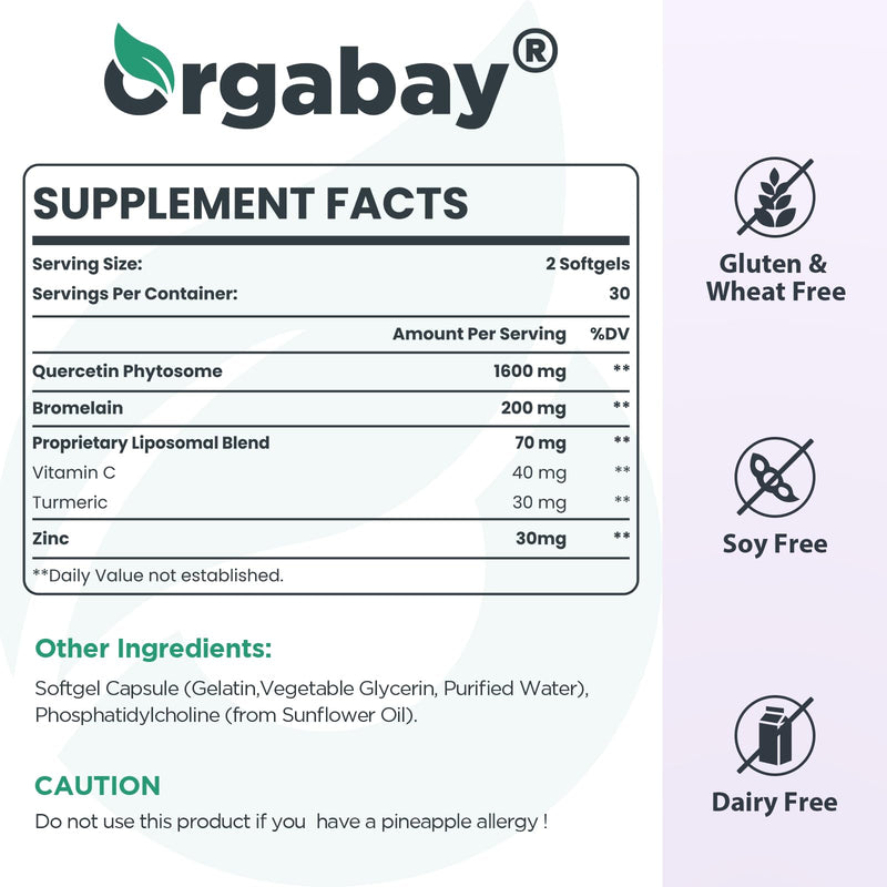 Orgabay Liposomal Quercetin Phytosome 1600 mg,Bromelain 200mg,Zinc 30mg,Vitamin C Turmeric 40 mg,Highest Absorption,Quercetin Complex, 60 Softgels 60 Count (Pack of 1)
