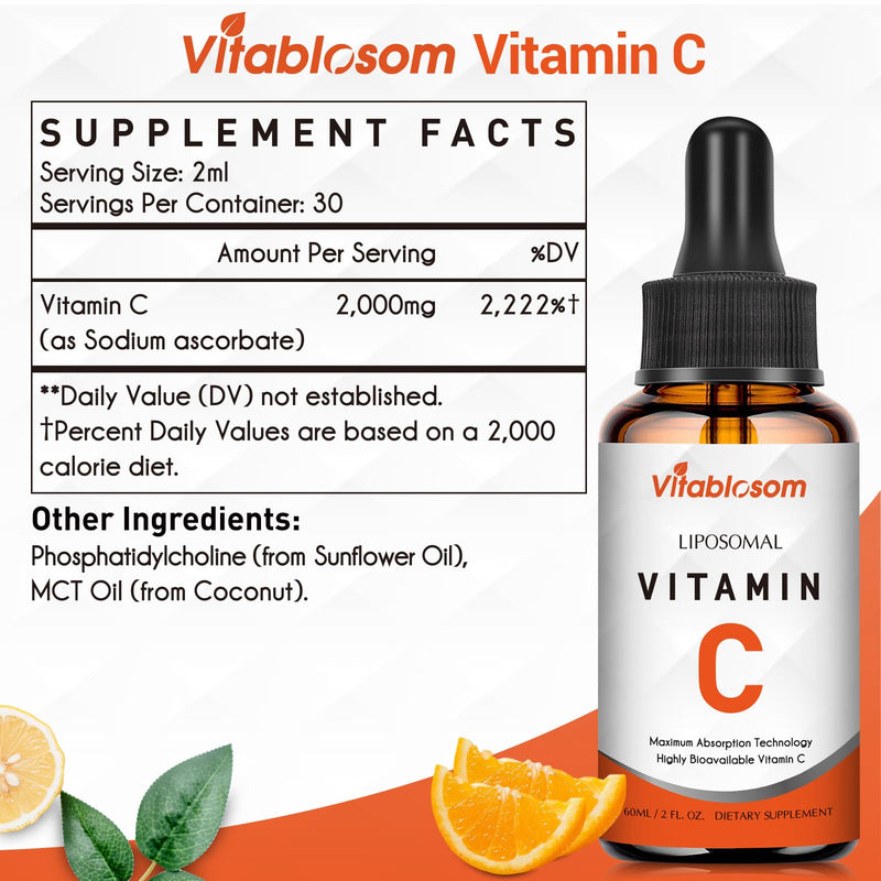Vitablosom Liposomal Vitamin C 2000mg Liquid for Adults, High Absorption VIT C, Maximize Vitamin C, Immune System & Antioxidant Support, 60ML (4 Bottle) 2.02 Fl Oz (Pack of 4)