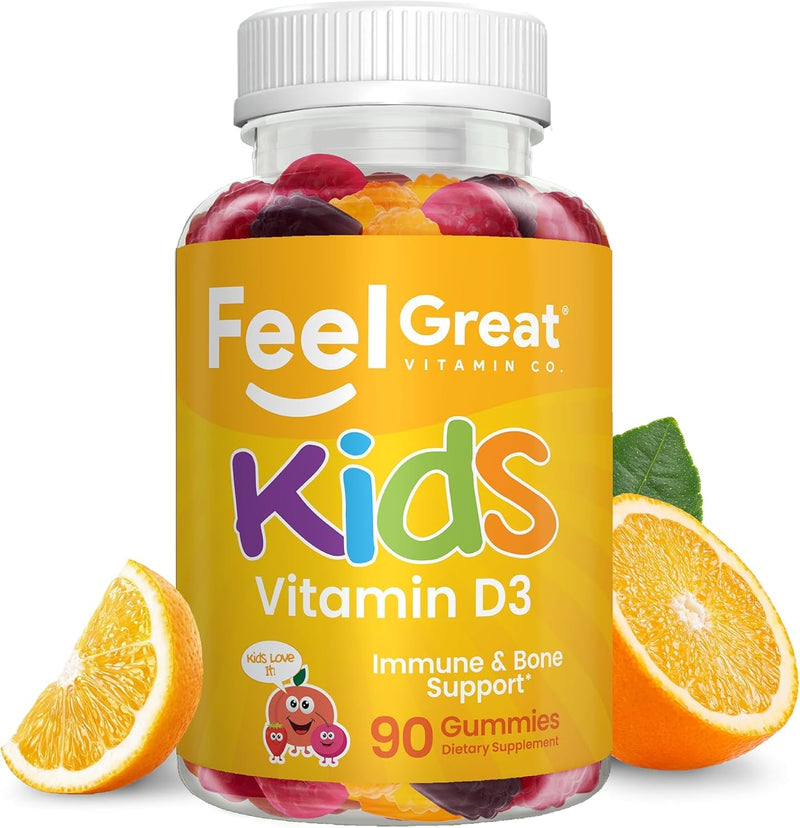 Feel Great Kids Vitamin D3 1000 IU Gummies, Immune Support, 90ct, 2 Pack | Vitamin D3 for Immune & Bone Support, Citrus Flavor, Vegetarian Gummy, Year-Round Sunshine Nutrient Kids Vitamin D 90 - 2 Pack