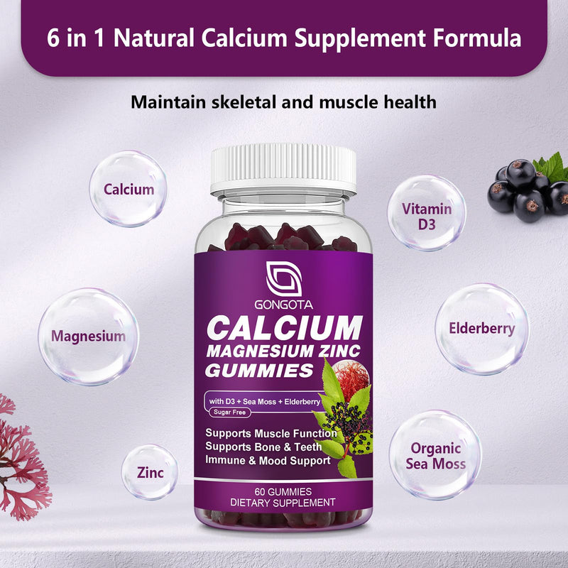 Calcium Magnesium Zinc with Vitamin D3 Supplement, Highly Absorbent Calcium Gummies with 300mg Magnesium glycinate Support Bone & Teeth, Muscle for Adults and Teens,Sugar Free, Vegan - 60 Count Elderberry 60 Count (Pack of 1)