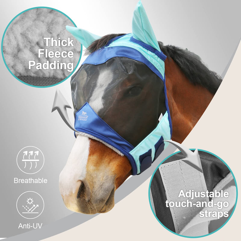 Harrison Howard Luxe Dual-Tone Horse Fly Mask Half Face with Ears Fully Visible UV-Blocking Fine Mesh Soft Fleece Edging for Extra Comfort Summer Mint/Navy M Cob Cob (Medium) - BeesActive Australia