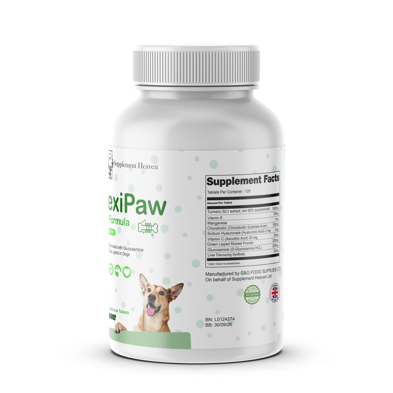 FlexiPaw - High Strength Hip And Joint Supplement for Dogs with Glucosamine, Chondroitin, Green Lipped Mussel | 120 Tablets