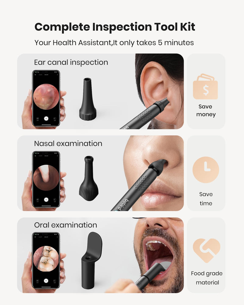BEBIRD R1 Wax Removal Tool for Ear - Spade Ear Canal Cleaner with Camera 1080P Earscope, Wax Remove Ear Picker with Vari Replacement Tips, Camera with 6LED Light for Ear/Nose/Throat Examination, Black - BeesActive Australia