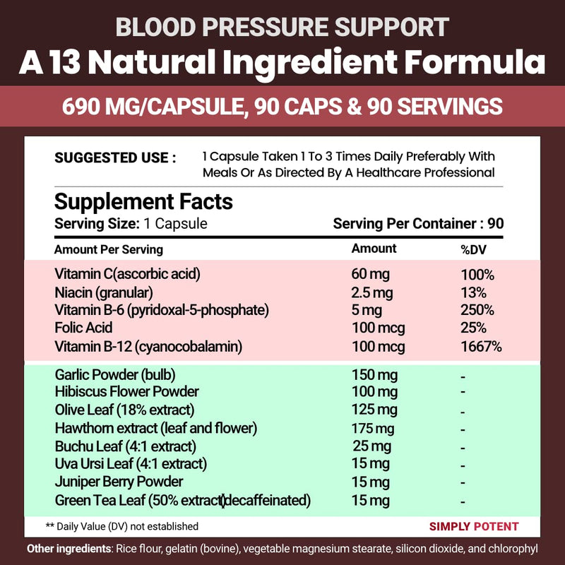 Blood Pressure Support Supplements - Healthy Heart, Cholesterol, Cardio, Hypertension, High BP - 13 Vitamins & Herbs - Folic Acid, Vitamins C B6 & B12, Hawthorn Olive Leaf Garlic Hibiscus, 90 Capsule