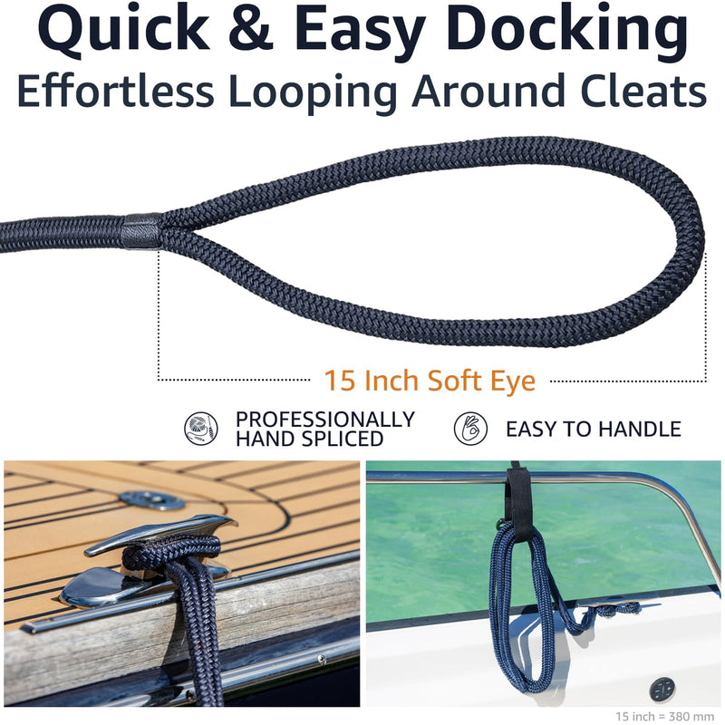 Double Braid 5/8" x 20' Boat Dock Lines (4-Pack) – Nylon Boat Ropes for Docking with 15" Spliced Eye – Heavy Duty Marine Rope – Soft & Durable Boat Lines for Pontoon and Light Boat (Navy Blue) 5/8" x 20' (Pack of 4)