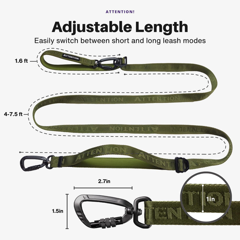Heavy-Duty Tactical Dog Leash for Medium & Large Dogs, 6-in-1 Hands-Free Lead for Training, 4-7.5FT Adjustable Waist Belt for Walking (Moss Green) Moss Green