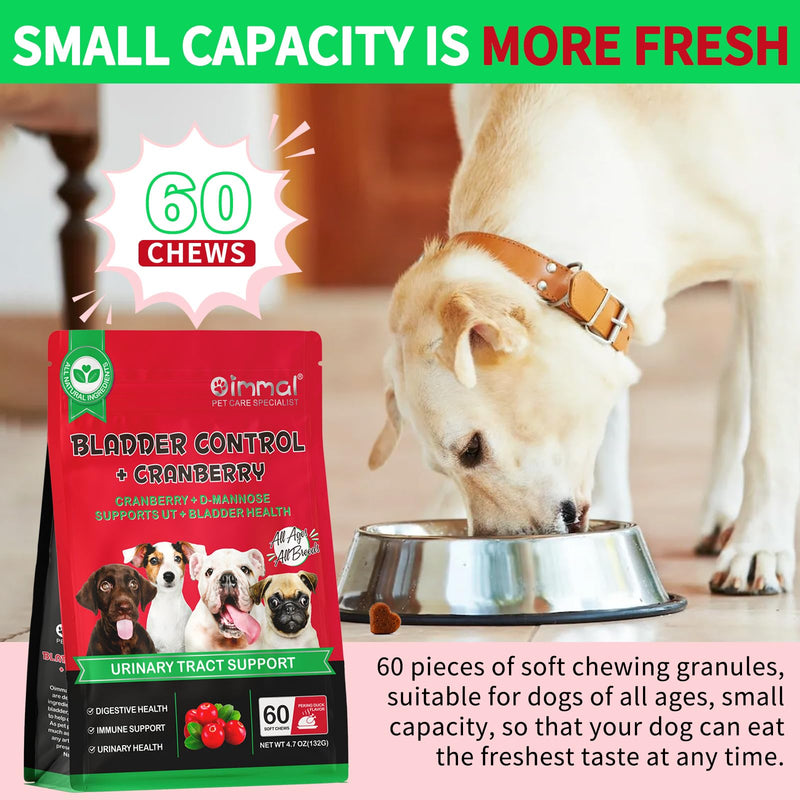 Bladder & Kidney Support for Dogs, Urinary Tract treatment and Bladder Control Supplement, Soft Chews with Cranberry and D-Mannose, Natural Immune System Booster - Peking Duck Flavor (60Pcs)