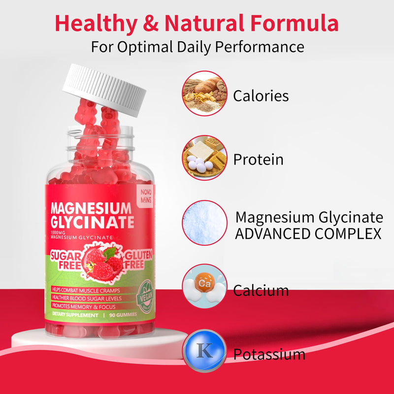 90 CT Magnesium Glycinate Gummies 1000mg - Sugar Free Magnesium Potassium Supplement with Vitamin D, B6, CoQ10 for Calm Mood & Sleep Support - 90 Raspberry Gummies 90 Count (Pack of 1)