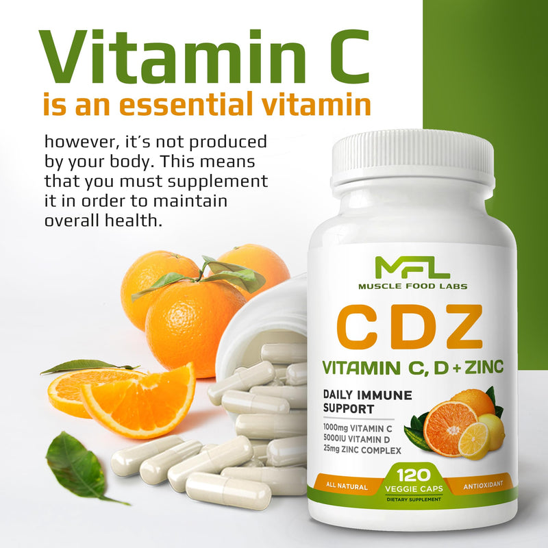 CDZ - Immune Support Complex | Vitamin C 1000mg, D3 125mcg, Zinc 25mg | High-Absorption Veggie Capsules | Non-GMO, Gluten-Free | 4-Month Supply (120 Capsules)