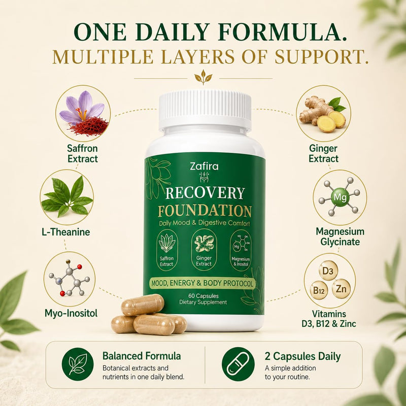 Zafira Organics Recovery Foundation Capsules, Saffron Extract Supplement with L-Theanine, Myo-Inositol, Magnesium Bisglycinate & Ginger for Mood, Focus & Daily Wellness Support, 60 Capsules
