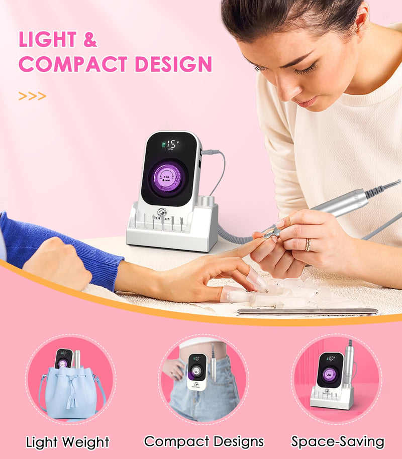 Portable Nail Drill Electric File: 40000RPM Professional Rechargeable Nail E File Machine, Cordless Nail Drill with Bits & Base for Acrylic Nails Remove Nail Gel Polish Manicure for Salon Home, White - BeesActive Australia