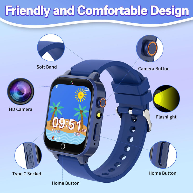 Vakzovy Smart Watch for Kids with 39 Puzzle Games HD Camera MP3 Player Audiobook Video Pedometer Habit Tracking Learn Card Flashlight Kids Smart Watch Boys Gift for 5-12 Year Old Boys Toys Blue - BeesActive Australia