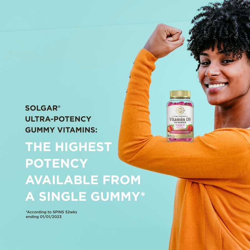 Solgar Vitamin D3 Gummies for Adults 5,000IU Ultra Potency, 60 Servings | Vitamin Immune System Support for Women & Men, Tasty Strawberry Flavor, Gluten & Gelatin Free Gummy, 2 Month Supply, 2g Sugar 60 Count (Pack of 1)