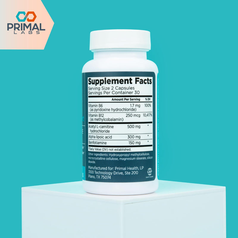 Primal Labs Nerve Support Capsules, 60 Count | Supports Nerve Health, Sensory Function & Comfort, Benfotiamine, Alpha Lipoic Acid, Acetyl L-Carnitine, Vitamins B6 B12