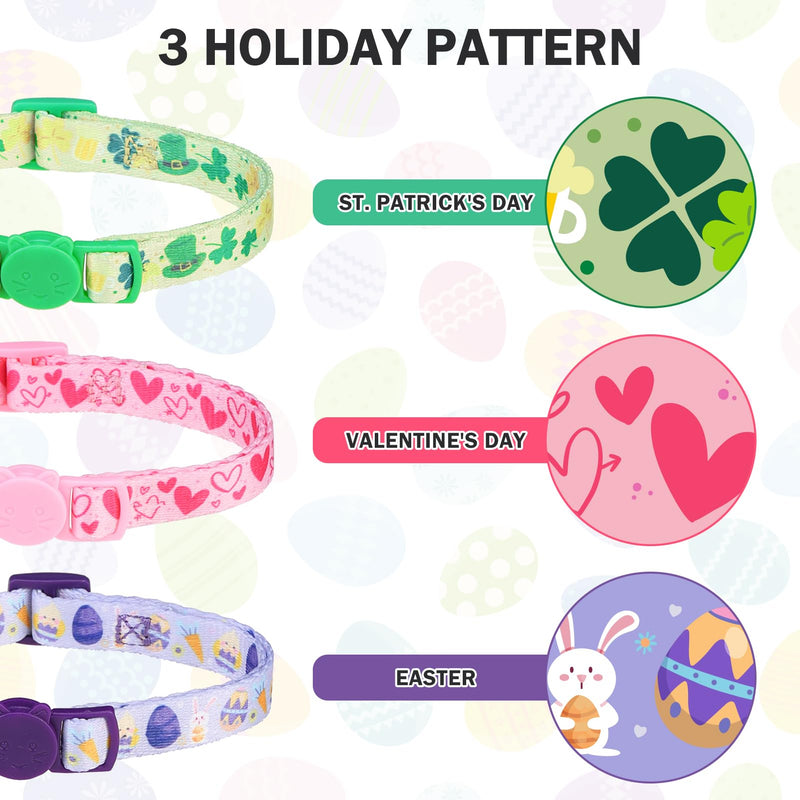 3 Pack Breakaway Cat Collars with Bell-Valentine's Day Cat Collar for Girl Boy Cats with Safety Buckle -St. Patrick's Day Easter Kitten Collar Adjustable 8"-12" for Kitty Puppy Small Pet Valentine's Day + Easter + St. Patrick's Day - BeesActive Australia