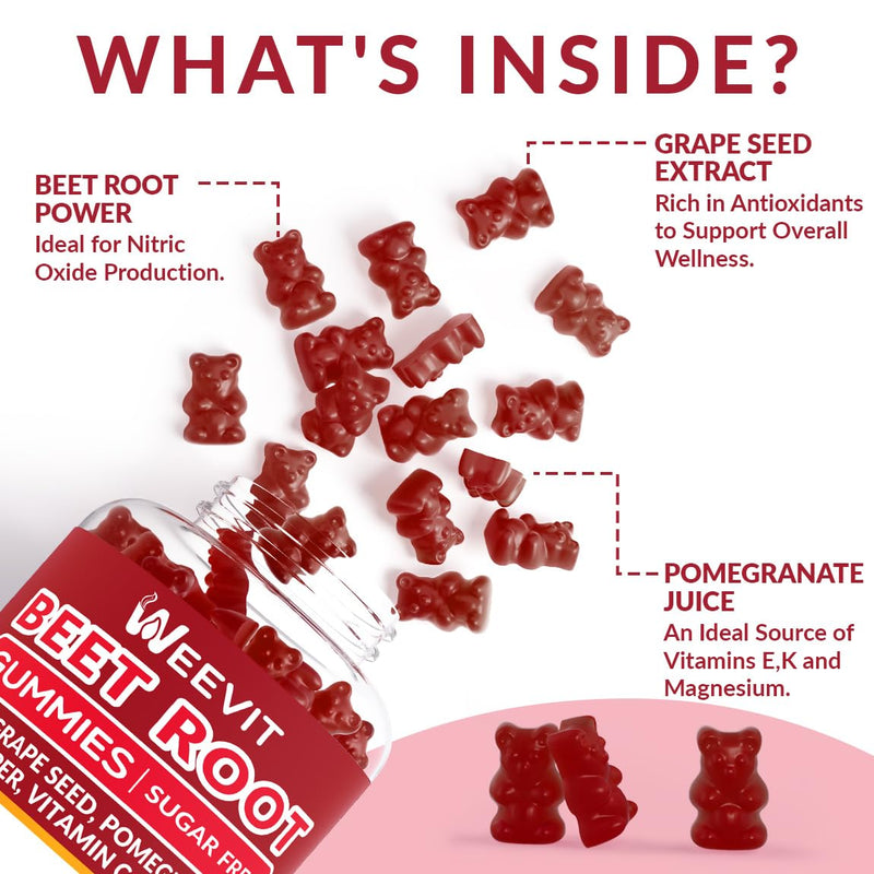 WEEVIT Beet Root Gummies, Nitric Oxide Supplement for Men Women, Beet Chews | Grape Seed, Pomegranate, Black Pepper, Vitamin C, B12 60 Count (Pack of 2)