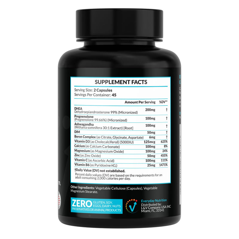 DHEA Micronized 200mg Complex with Pregnenolone 100mg Supplement for Men & Women with Ashwagandha, DIM, Magnesium, Boron, Calcium , Zinc, Vitamin D3, C and B6 Hormone Support - Made in USA 90 Capsules
