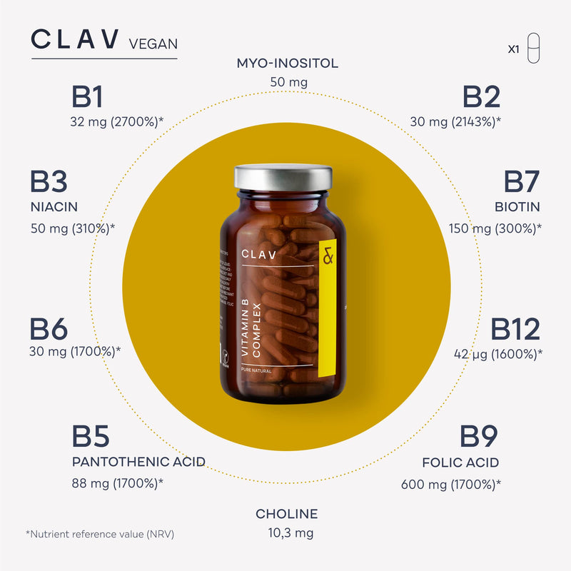 CLAV® Vitamin B Complex, All 8 B Vitamins, High Strength, 120 Capsules | For Energy, Nervous System & Reduced Tiredness, with B1, B2, B3, B5, B6, B12, Myo-Inositol & Choline, in Amber Glass, Vegan