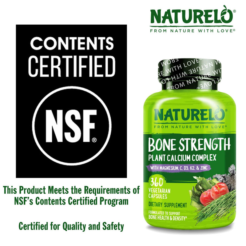 NATURELO 600mg Calcium Supplement for Bone Strength, VIT D3, 360 Capsules | Magnesium, Zinc, Vit K2, for Women & Older Adults, Plant-Based, Well Tolerated, NSF Contents Certified, MFD in GMP Facility Unflavored 360 Count (Pack of 1)