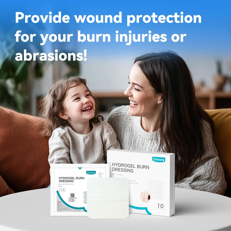 Dimora Hydrogel Burn and Wound Dressing 4" x 4" - Hydrogel Nipple Pads Instant Cooling Relief for Minor Burns & Wounds, Soothing Moist Burn Pads for 1st-2nd Degree Burns, Cuts, Abrasions, (10 Count) 4" x 4" (10 Count)