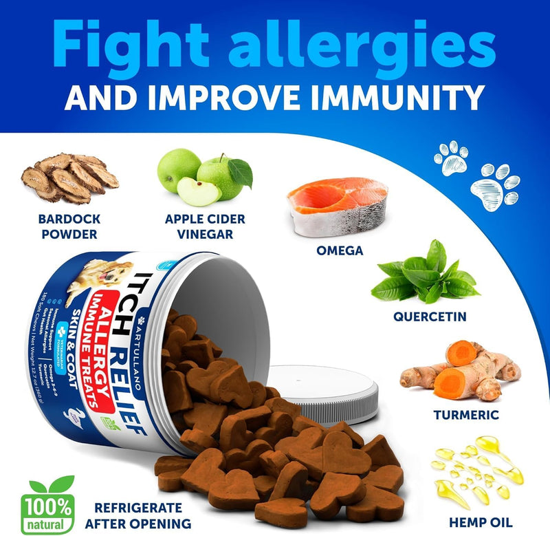 Dog Allergy Relief Chews - Itching Skin Relief for Dogs - 180 Soft Treats - Fish Oil - Omega 3 - Seasonal Allergies Pills - Skin & Coat, Anti Itch,Hot Spots Treatment - Canine Immune Health Supplement 180 Treats