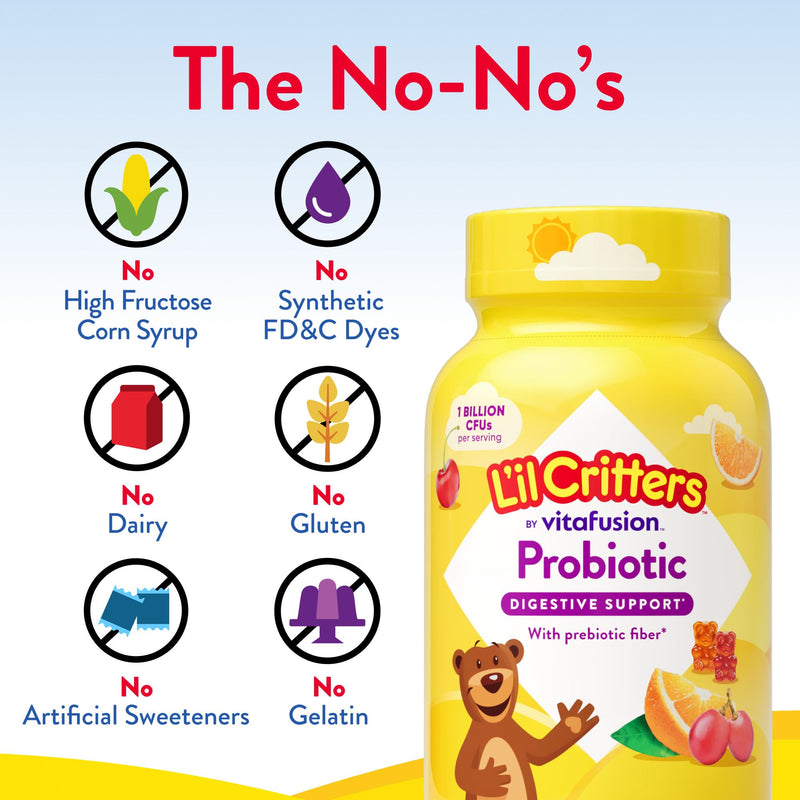 L'il Critters Kids Probiotic Gummies | 60 Children's Gummy Vitamins | with Prebiotic Fiber | 1 Billion CFUs | Assorted Fruit Flavors | Gluten, Dairy, & Gelatin-Free Supplement 60 Count