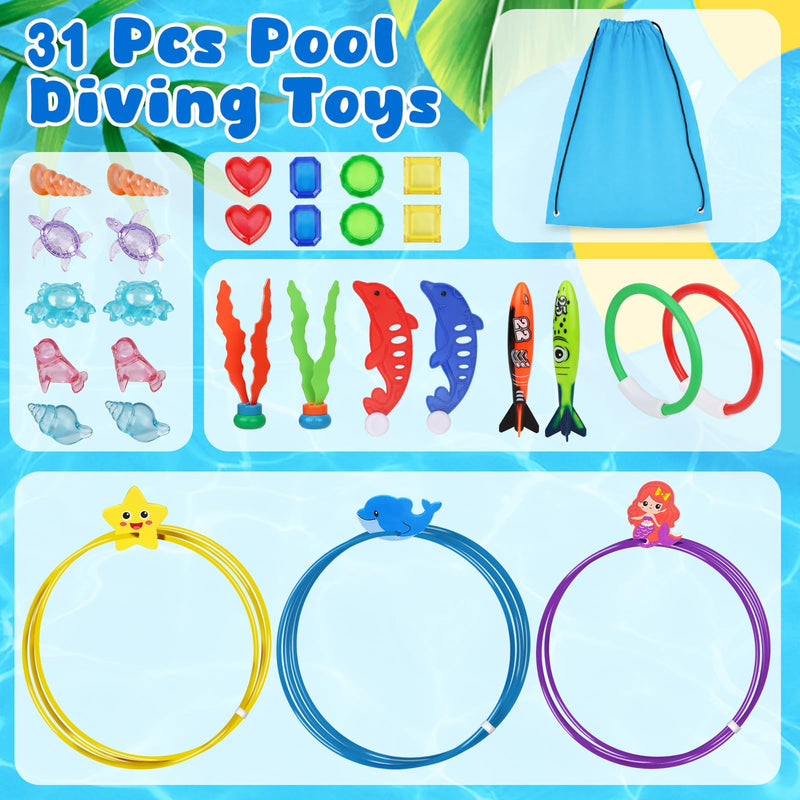 Pool Diving Toys for Kids: Airyard 31 PCS Underwater Swim Rings and Diving Game Set Fun Pool Game Backyard Summer Water Toys for Birthday Party Toddlers Kids Teens Adults - BeesActive Australia