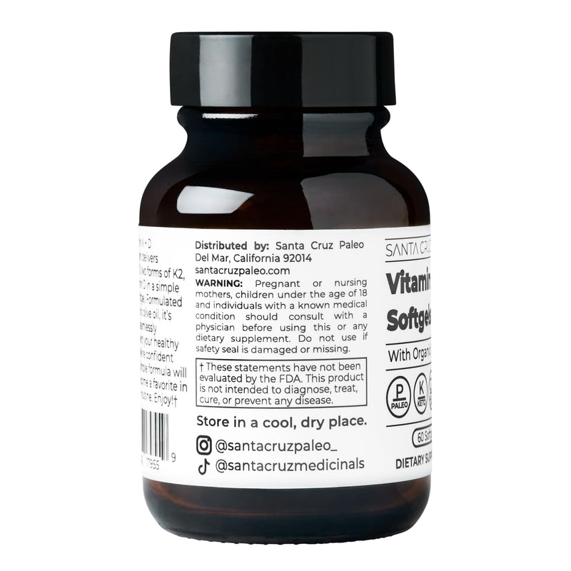 Santa Cruz Paleo Vitamin K2 + D3 Softgels, Daily Supplement with Organic Olive Oil, Includes Vitamin K1 & Two Forms of K2, Supports Heart & Bone Health, Gluten Free, Sugar Free, Paleo, Keto, 60 Count Vitamin K2 + D3 60ct