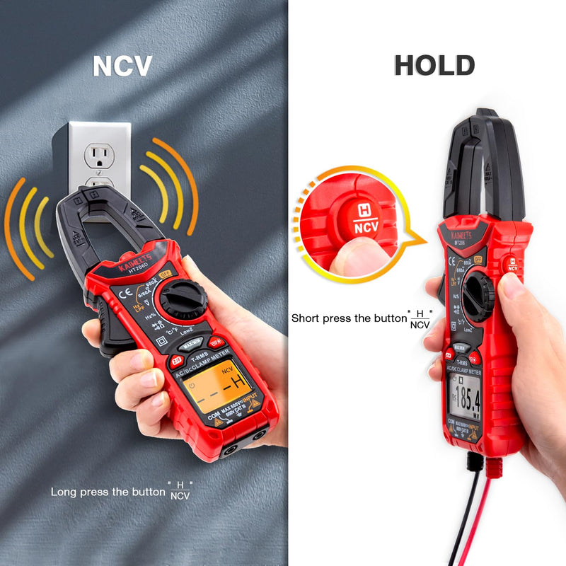 KAIWEETS HT206D Digital Clamp Meter T-RMS 6000 Counts, Multimeter Voltage Tester Auto-ranging, Measures Current Voltage Temperature Capacitance Resistance Diodes Continuity Duty-Cycle (AC/DC Current) AC/DC Current