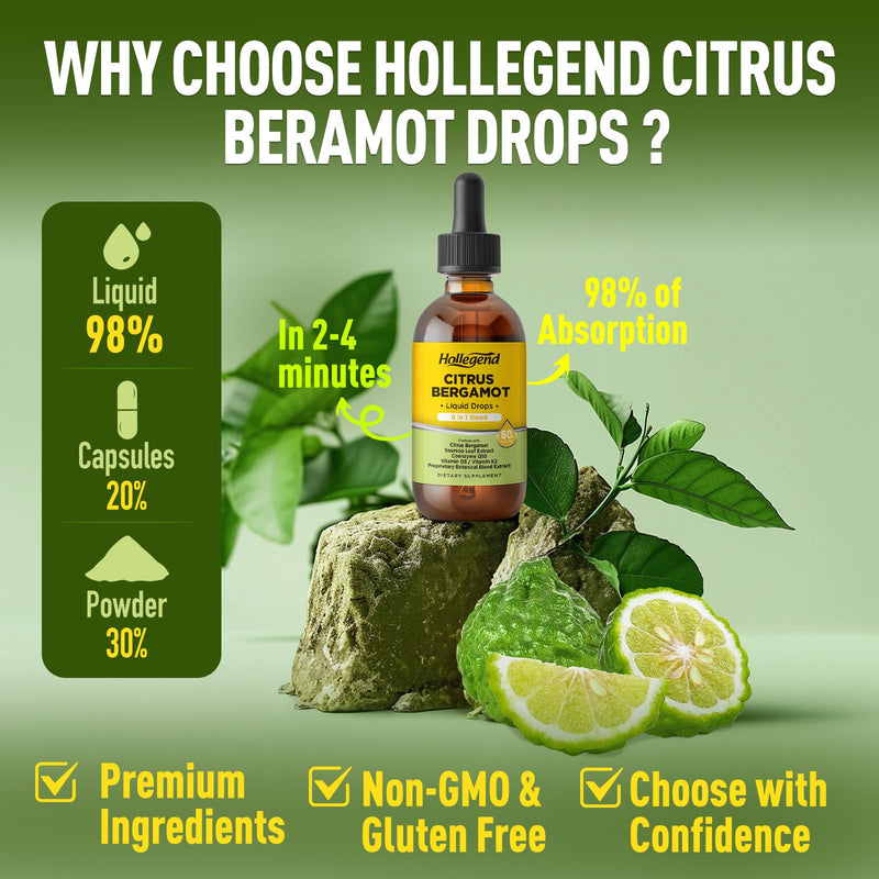 Citrus Bergamot Liquid Drops, Bergamot Extract 1000mg Supplement | Plus CoQ10, Soursop, Vitamin D3, K2 & Herbal Blend, Overall Health Support, Vegan, Lemon Flavor, 4 Fl OZ
