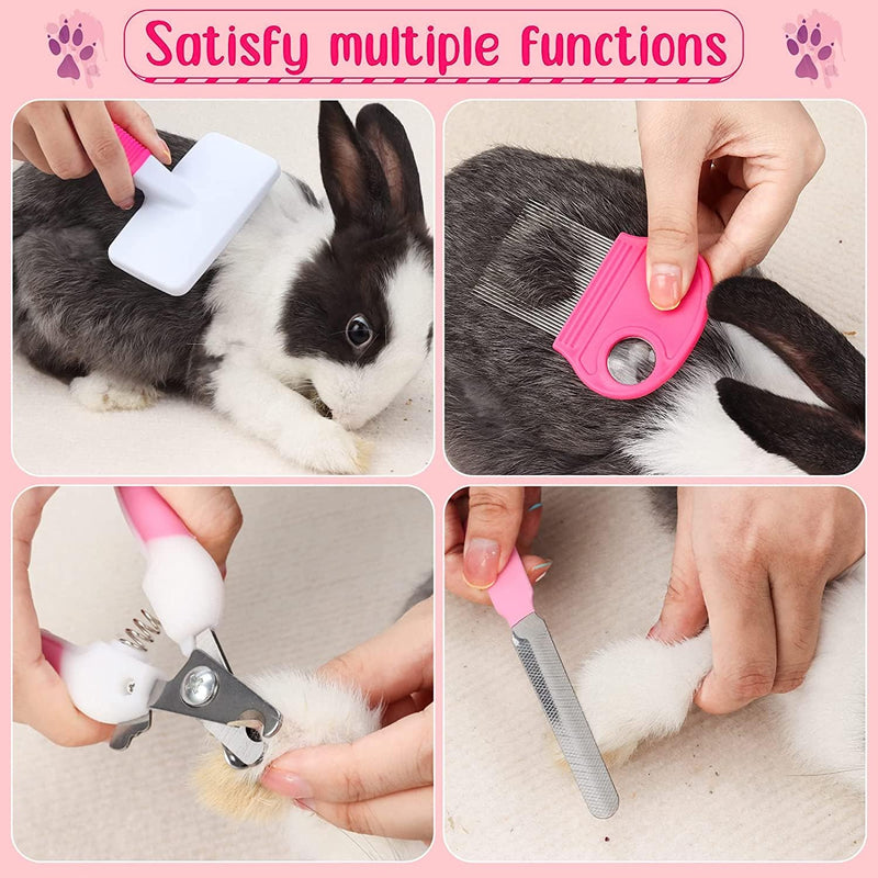 MIAOZ Rabbit Grooming Set with Nail Clippers and Trimmer Pet Hair Remover Long and File, Flea Comb, Shampoo Bath Brush for Rabbits Puppies Kittens Guinea Pigs Ferrets Small Animals (Pink) Pink - BeesActive Australia