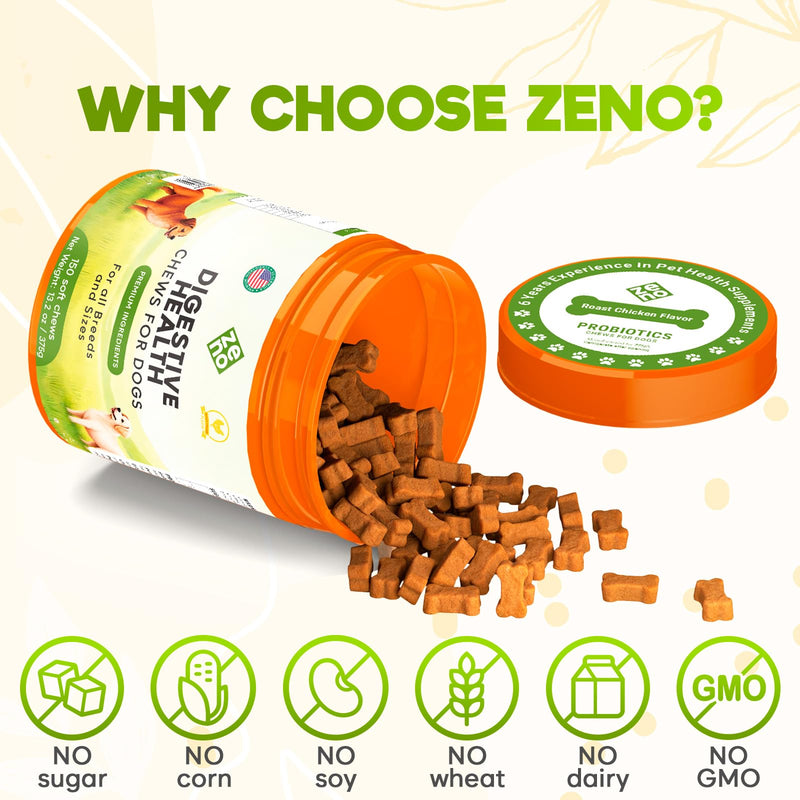 ZENO Probiotics for Dogs Chews 150Pcs - Digestive, Gut Health & Diarrhea Support - Chews for Dogs - US Formula with Probiotics, Enzymes & Natural Ingredients - Roast Chicken