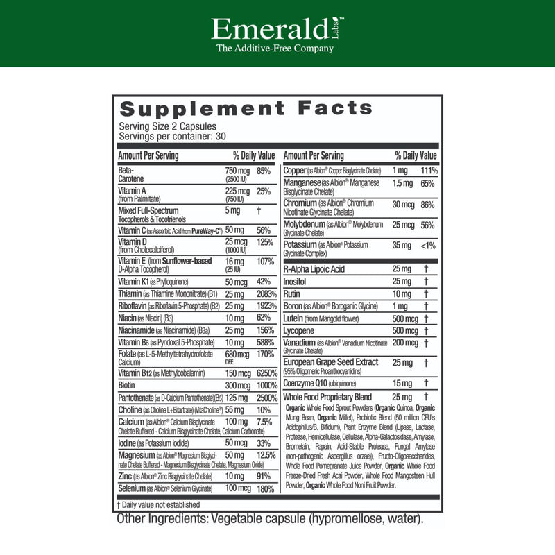 EMERALD LABS Complete Premium Multi - Multivitamin for Digestive & Immune Support with Vitamin C as PureWay-C, B Vitamin Complex, Albion Chelated Zinc & More - 60 Vegetable Capsules (30-Day Supply)