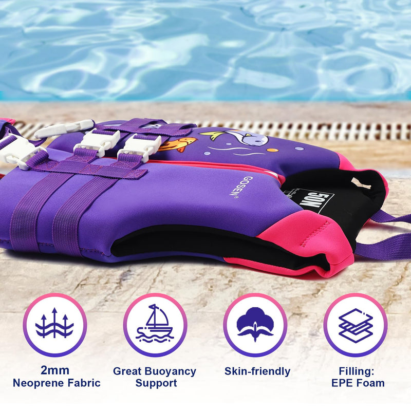 Kids Swim Vest Toddler Floaties for 24-66 lbs Boys Girls, Toddler Swim Vest with Adjustable Safety Strap, Easy On and Off Swimming Aid for Age 2-6 Years Learn to Swim Purple M/(4-6 yrs/40-66 lbs)