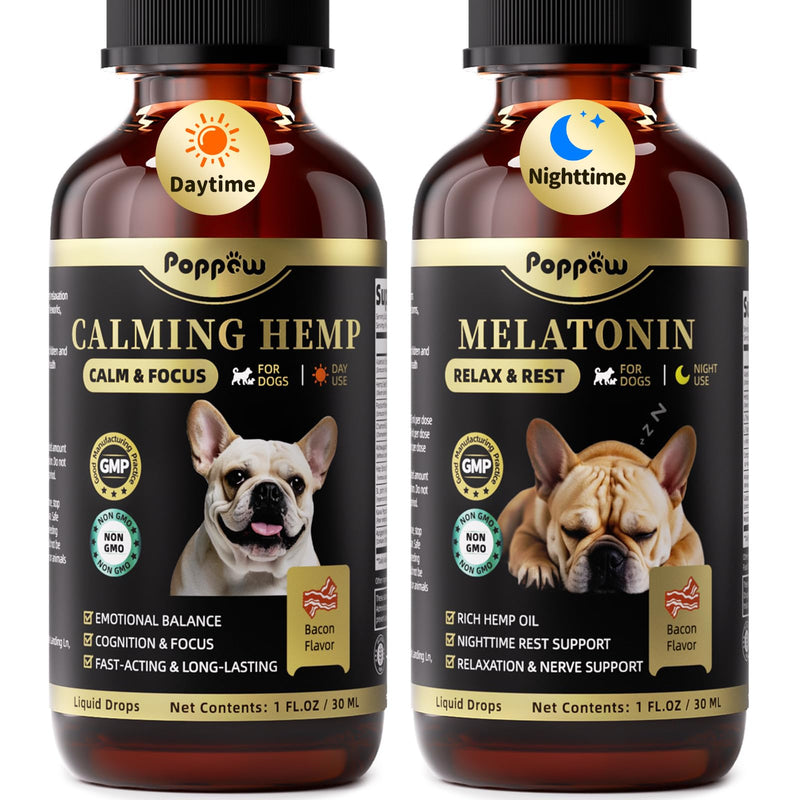 Calming Melatonin Drops for Dogs, Day & Night Dog Calming Treat for Anxiety, Separation, Stress, Travel, Relaxation & Sleep Support, Bacon Flavor, 2 Fl Oz