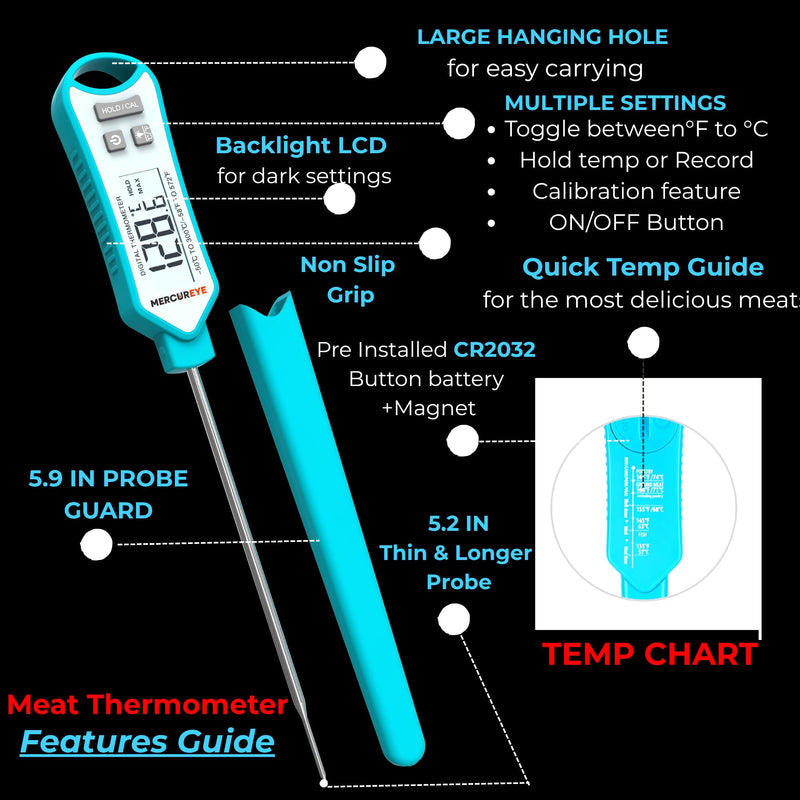 Meat Thermometer Digital, Instant Read Food Thermometer – Waterproof Nonslip Grip Kitchen Timer & Temp Chart Thermometer for Cooking Candy, Oil Fry Indoor & Outdoor Grilling Smoker Roast
