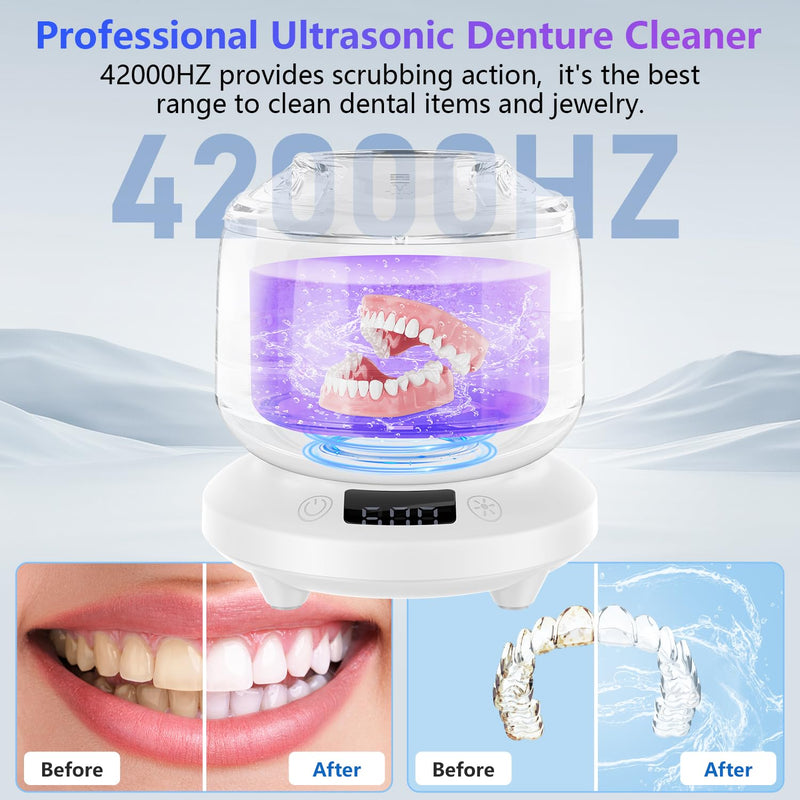 2025 Ultrasonic Retainer Cleaner for Dentures & Aligner, Durable Removable Base and Top Cover, Denture Cleaner Machine with 4 Modes for Mouth Guards, Jewelry, Rings, etc (White) Milky White