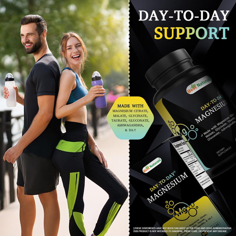 Best Naturals Day-to-Day Magnesium Supplement 400 mg 90 Veg Capsules - Made with Vitamin D3, Ashwagandha Root Extract, Spinach & BioPerine